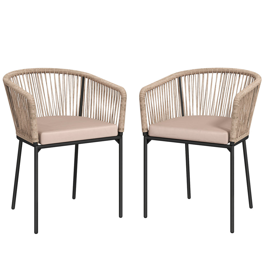 Set of 2 Rattan Dining Chairs with Cushions, Metal Frame, String Back & Armrests