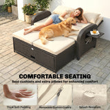 Rattan Patio Daybed with Storage Ottoman and Adjustable Backrest, Beige
