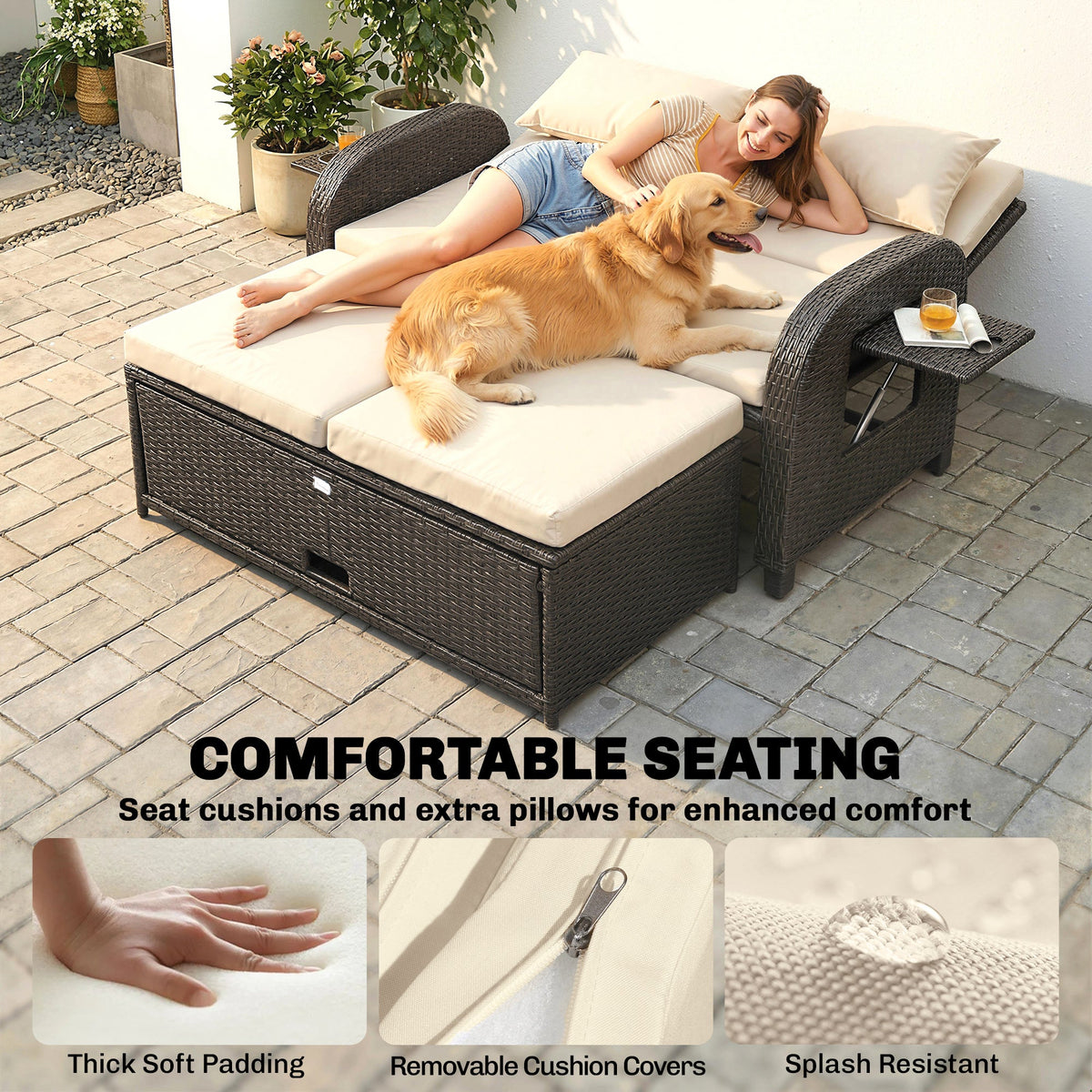 Rattan Patio Daybed with Storage Ottoman and Adjustable Backrest, Beige