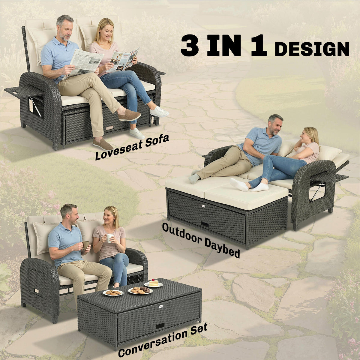 Rattan Patio Daybed with Storage Ottoman and Adjustable Backrest, Beige