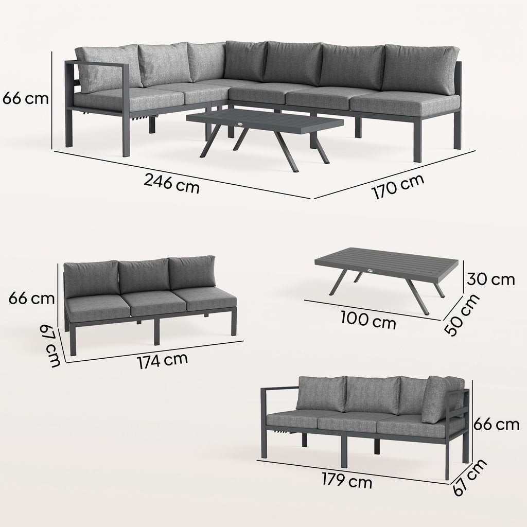 3 Piece Aluminium Corner Lounge Set with Adjustable Backrest, Dark Grey