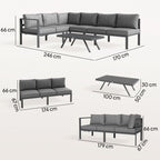 3 Piece Aluminium Corner Lounge Set with Adjustable Backrest, Dark Grey