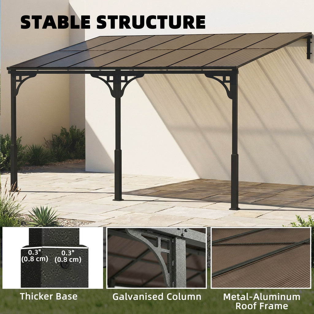 4 x 3 m Metal Lean-to Pergola with Polycarbonate Roof, Brown