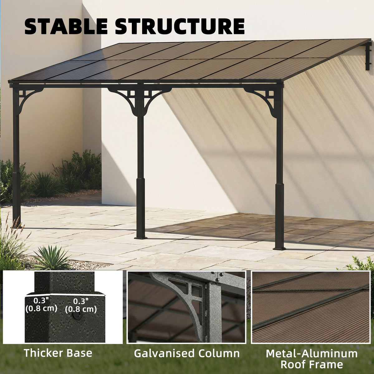 4 x 3 m Metal Lean-to Pergola with Polycarbonate Roof, Brown
