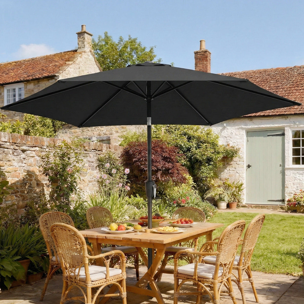 2 m Garden Parasol with Crank Handle, Tilt Function & UV30+, Black