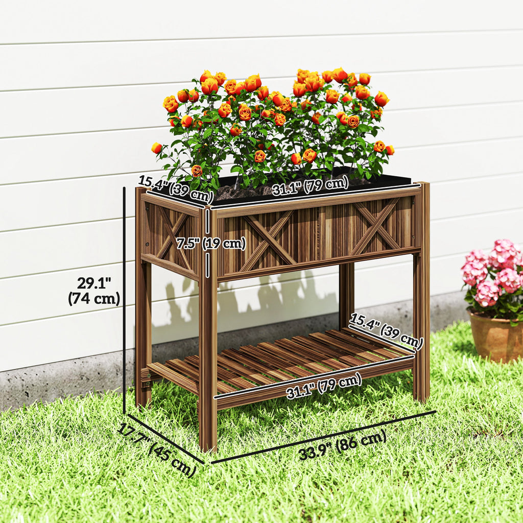 34" x 18" x 30" Wooden Raised Garden Bed with Shelf, Carbonized