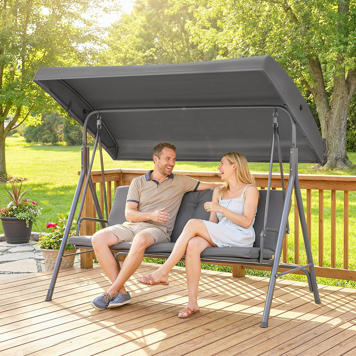 3 Seater Garden Swing Chair with Tilting Canopy and Cushion, Dark Grey