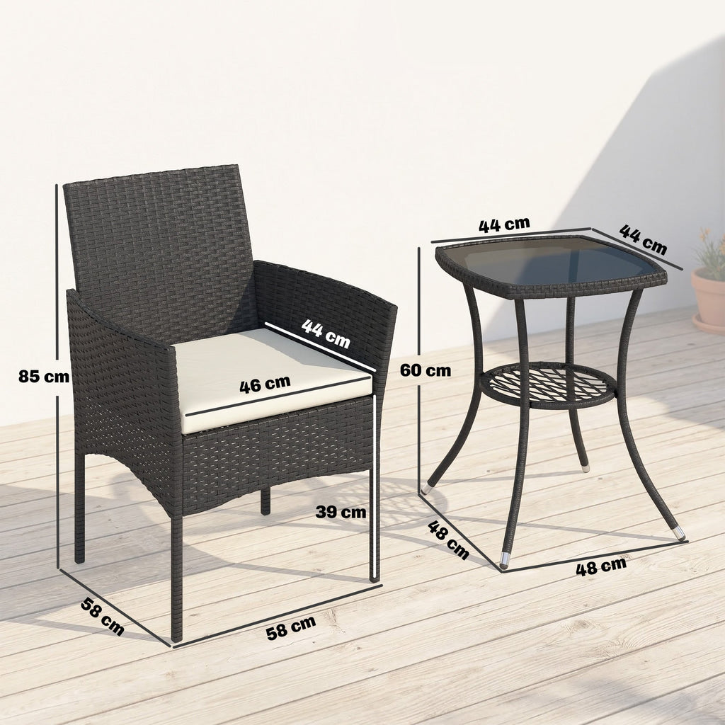 3-Piece PE Wicker Bistro Set with 2-Tier Glass Table and Cushions, Cream White
