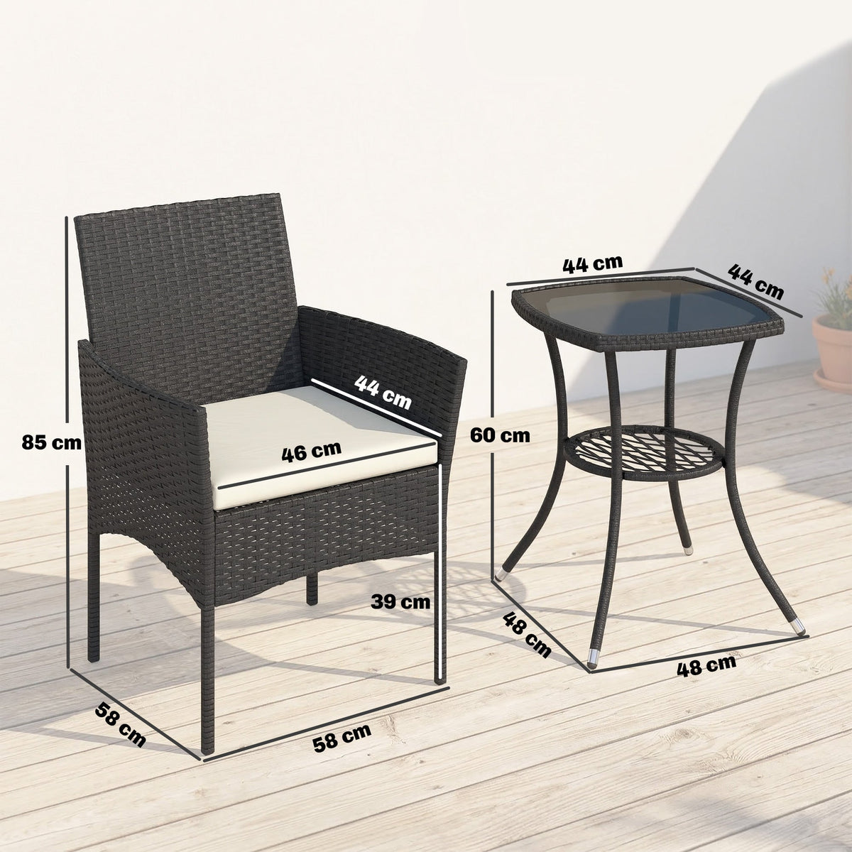 3-Piece PE Wicker Bistro Set with 2-Tier Glass Table and Cushions, Cream White