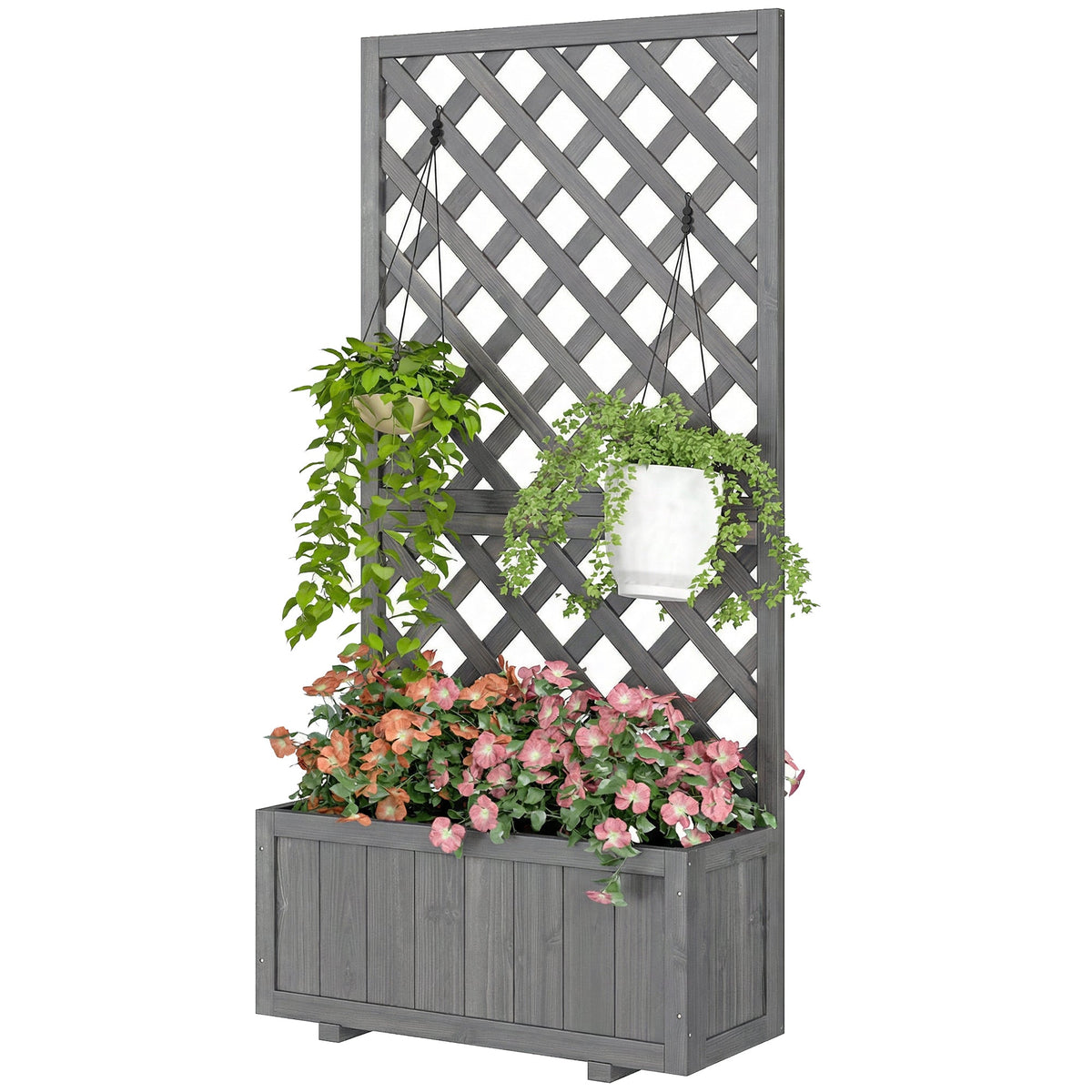Wood Planter with Trellis and Drainage Holes, Grey