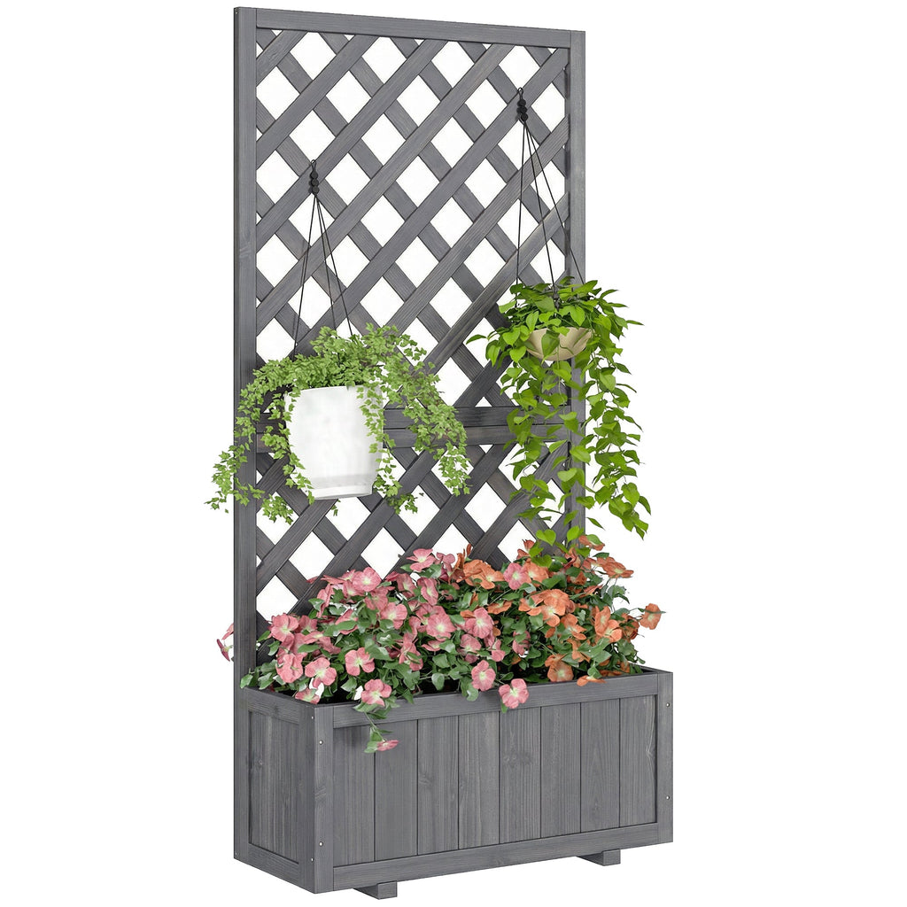 Wood Planter with Trellis and Drainage Holes, Grey