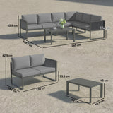 6 Seater Metal Garden Corner Sofa Set with Faux Wood Table, Dark Grey