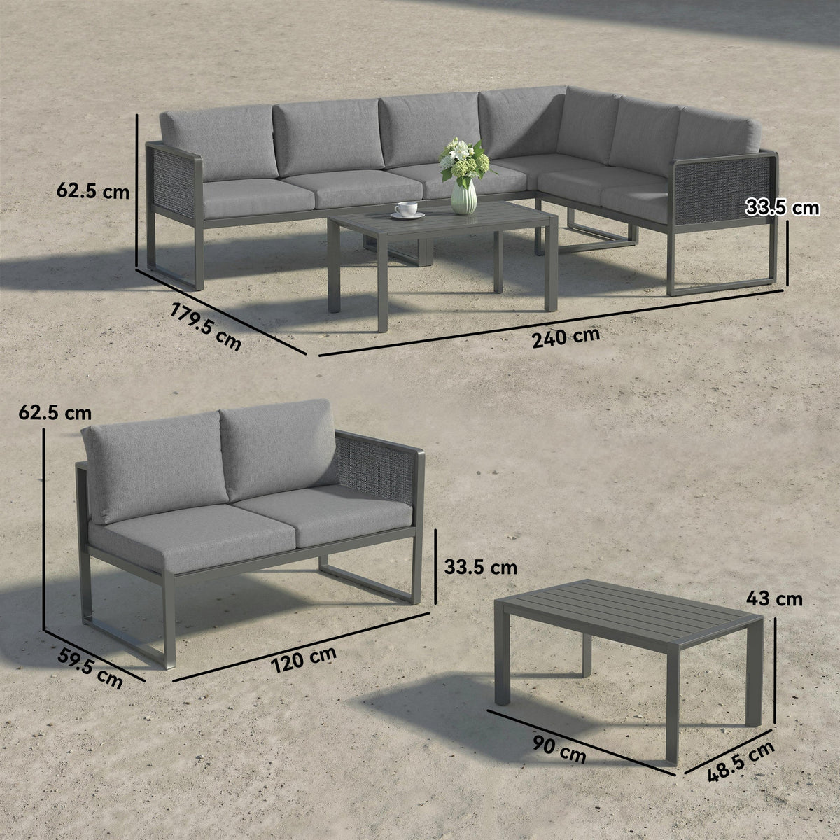 6 Seater Metal Garden Corner Sofa Set with Faux Wood Table, Dark Grey