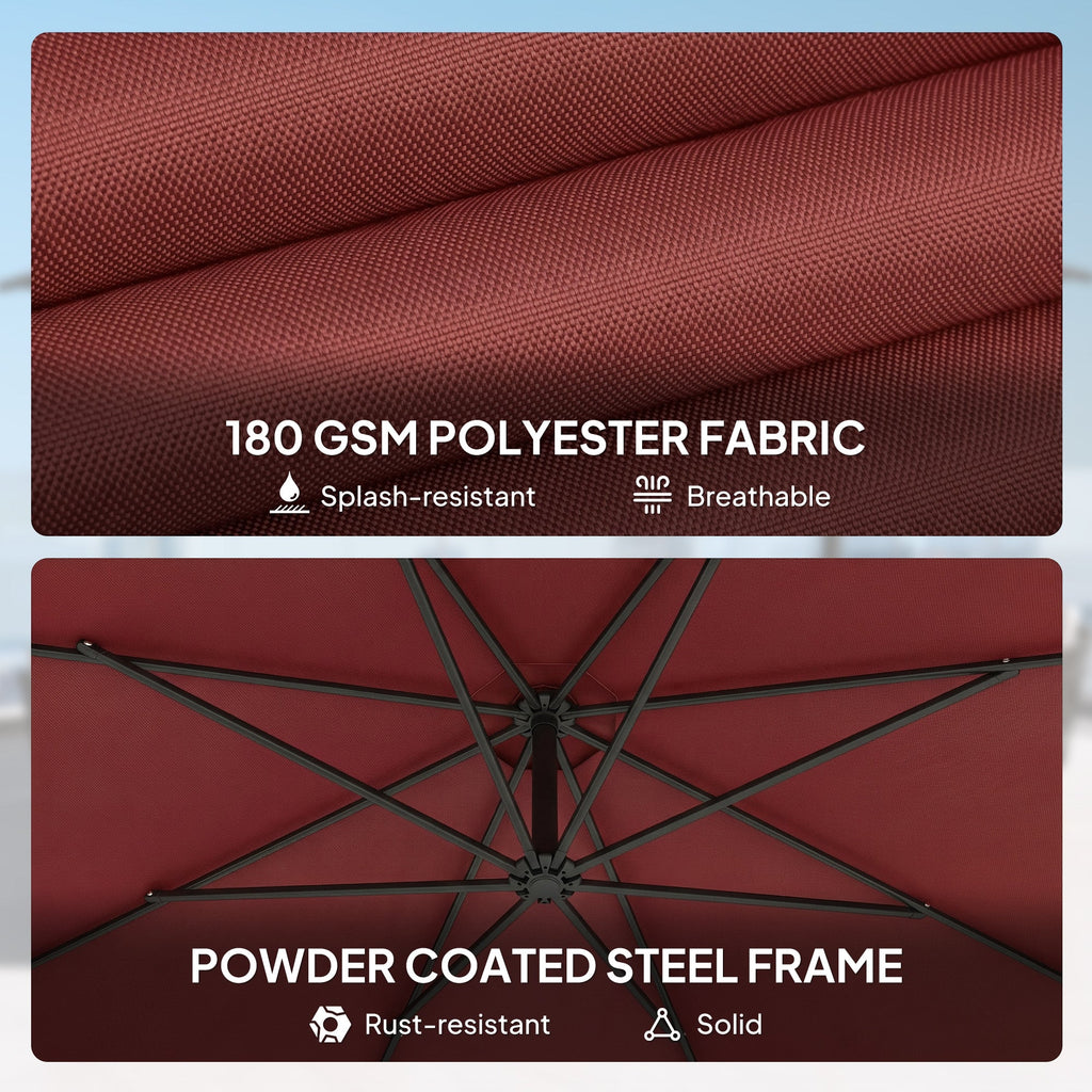 3 m Banana Parasol with Crank Handle, 8 Ribs & Cross Base, Wine Red