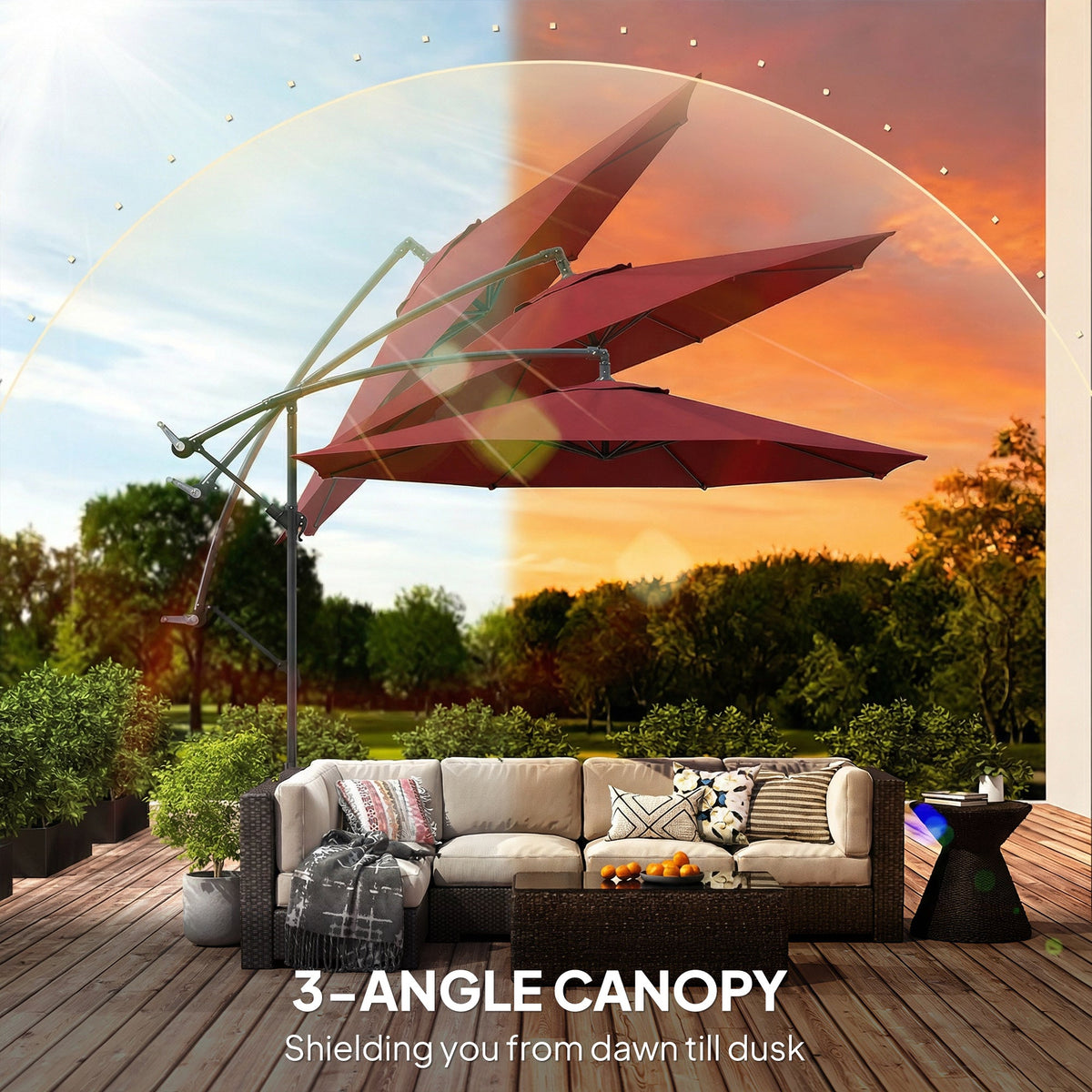 3 m Banana Parasol with Crank Handle, 8 Ribs & Cross Base, Wine Red