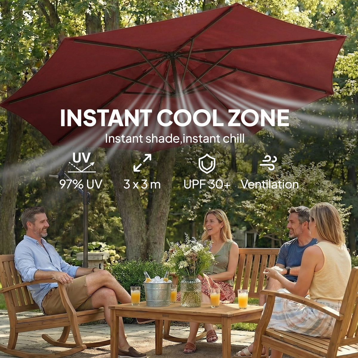 3 m Banana Parasol with Crank Handle, 8 Ribs & Cross Base, Wine Red