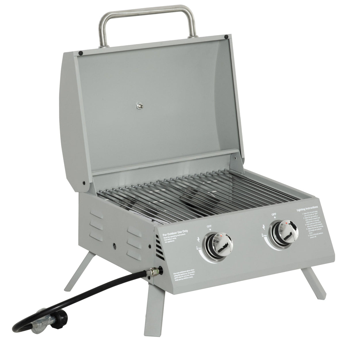 2 Burner Portable Propane Gas Grill with Foldable Legs, Silver
