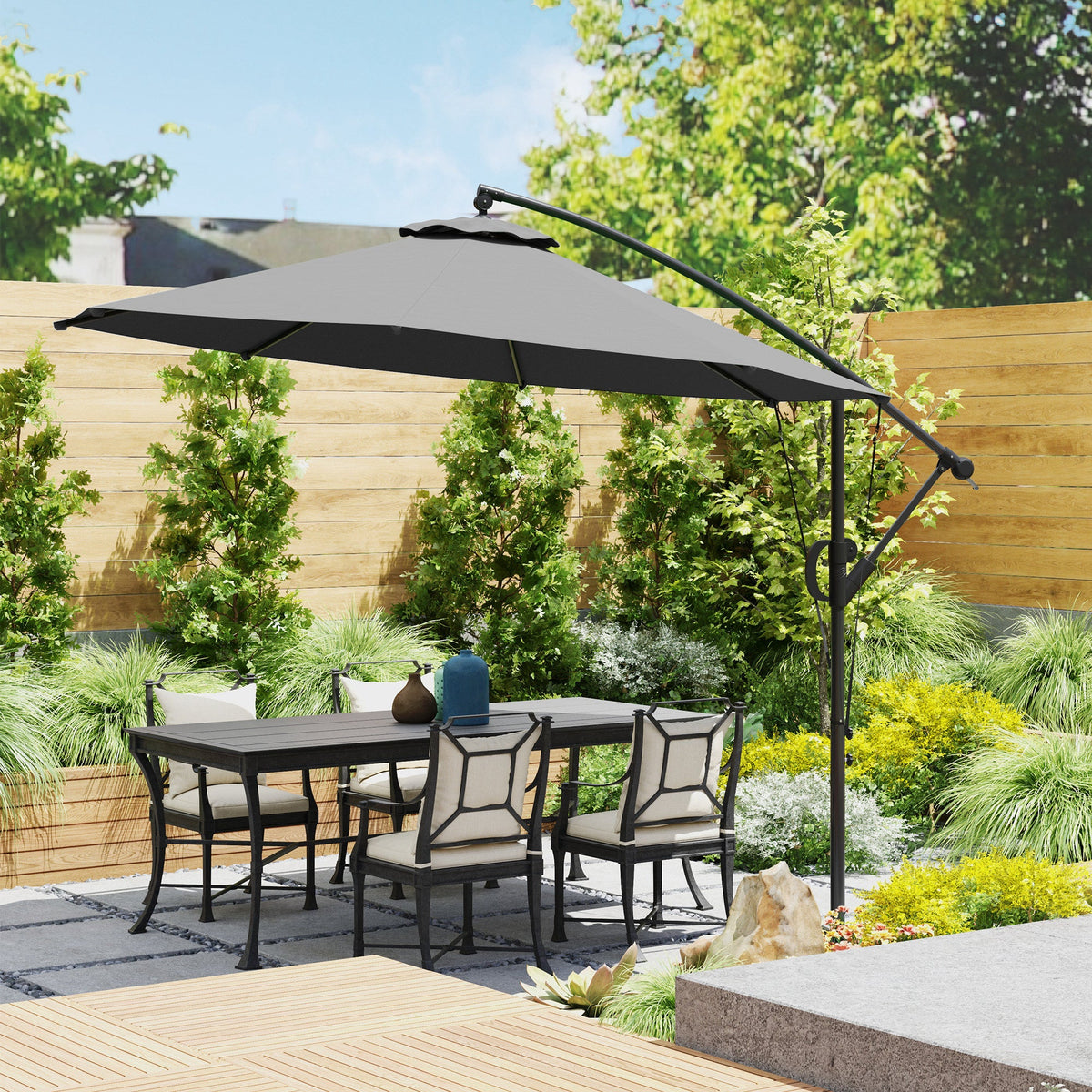 118.1" Offset Patio Umbrella with Cover, Tilt and Wind Strap, Grey