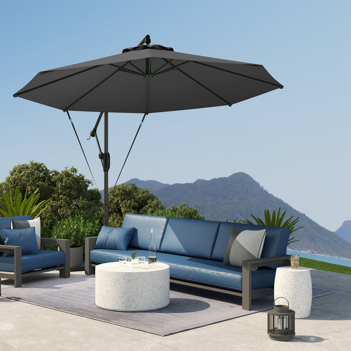 118.1" Offset Patio Umbrella with Cover, Tilt and Wind Strap, Grey