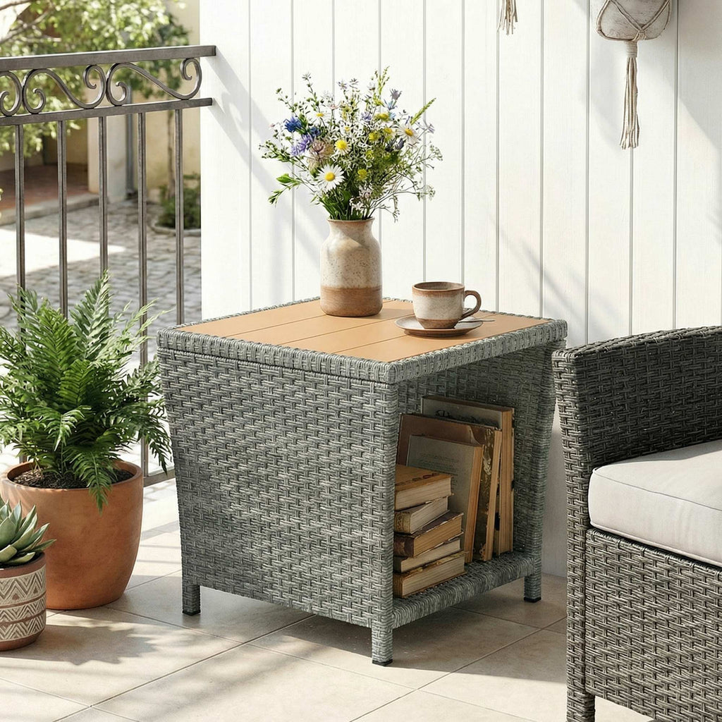 2-Tier PE Rattan Side Table with Storage Shelf, Light Grey