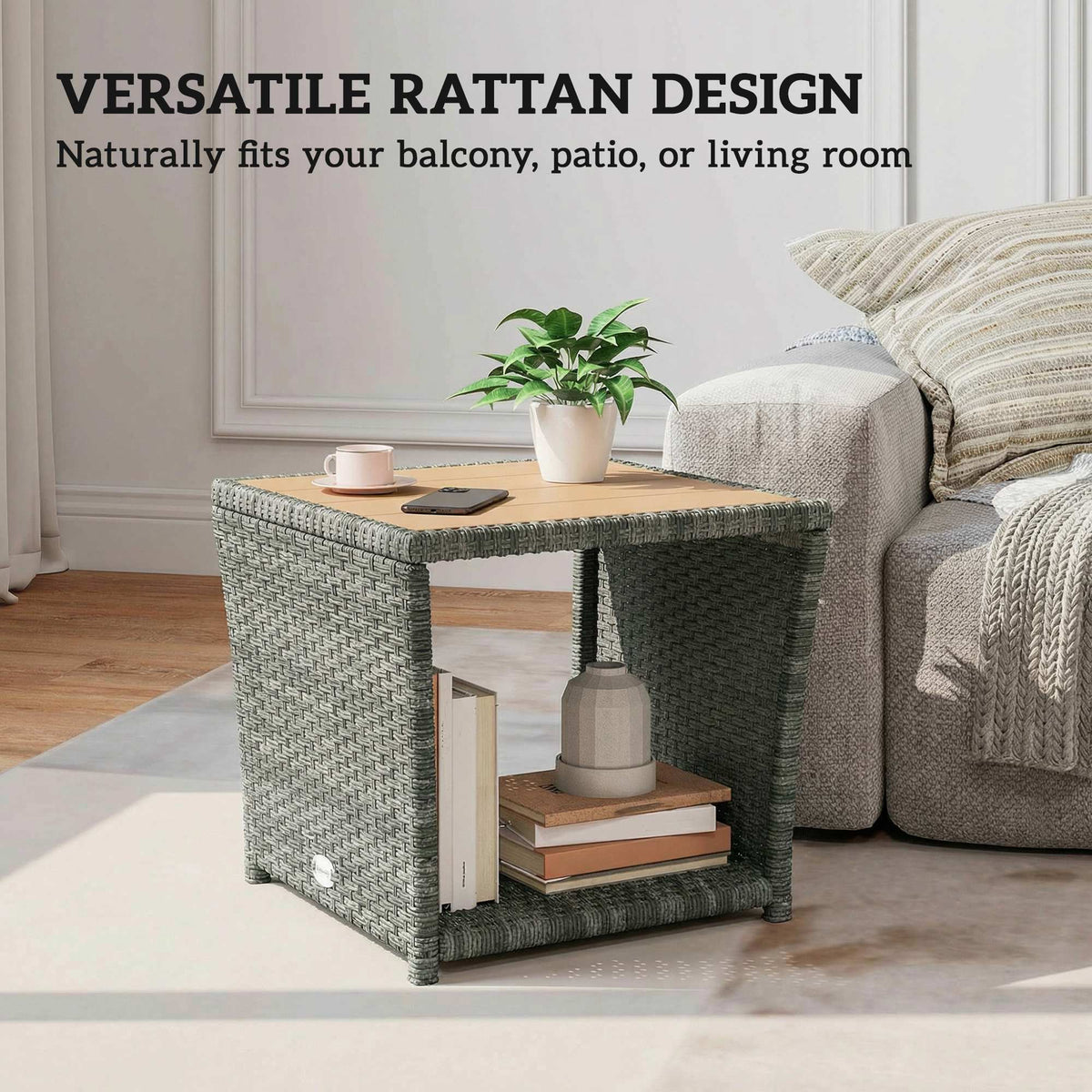 2-Tier PE Rattan Side Table with Storage Shelf, Light Grey