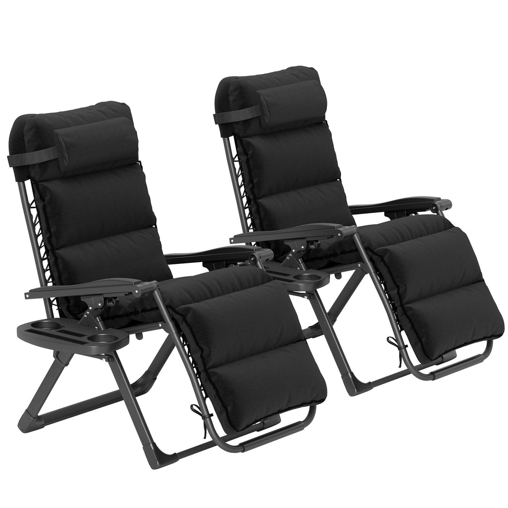 Set of 2 Zero Gravity Chairs with Cup and Phone Holder Tray, Black