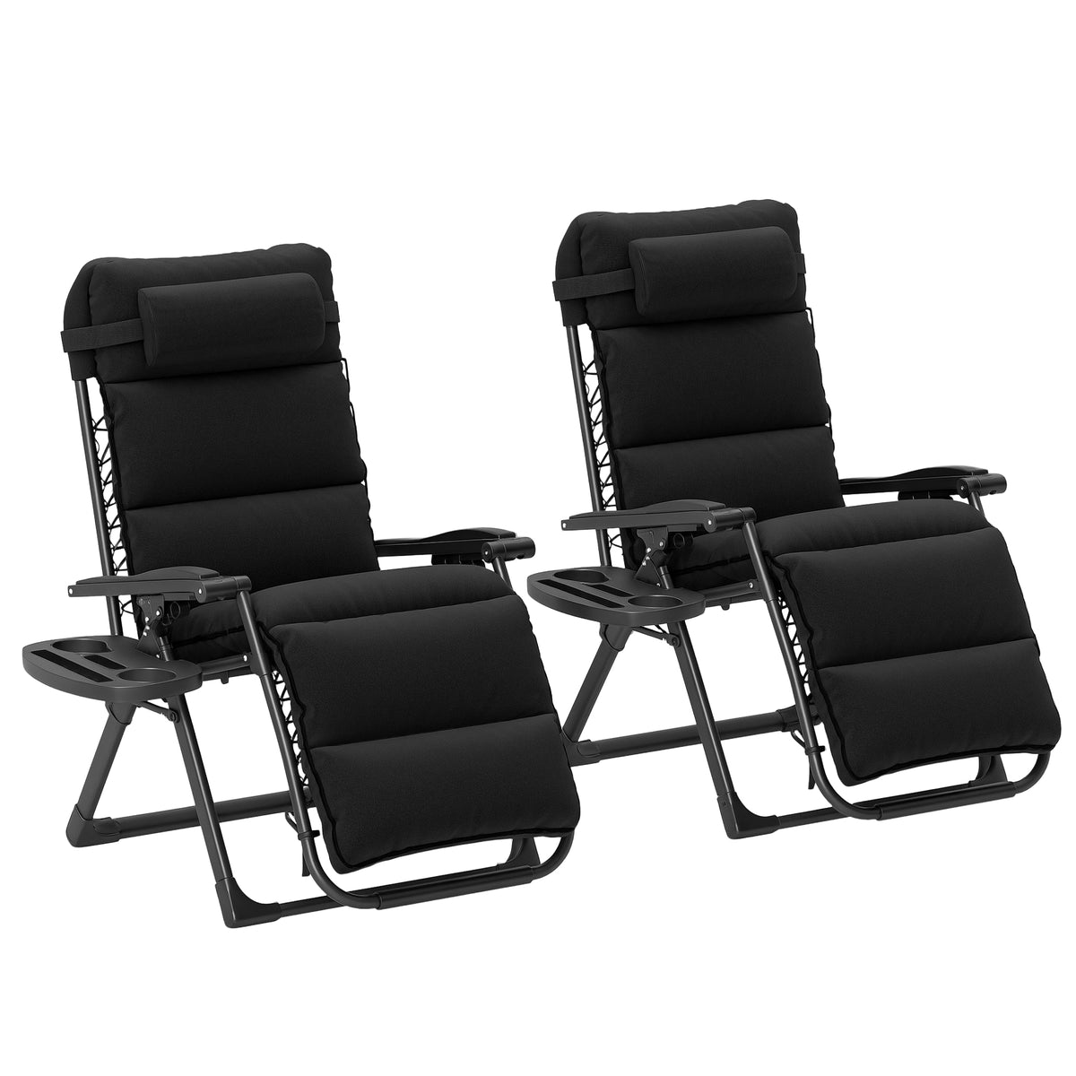 Set of 2 Zero Gravity Chairs with Cup and Phone Holder Tray, Black