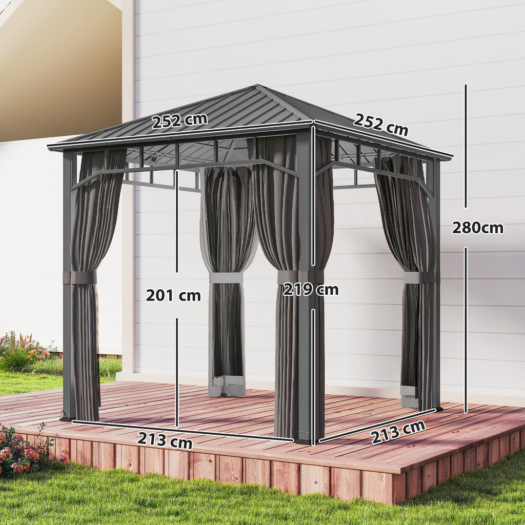 2.5 x 2.5 m Hardtop Gazebo with Galvanised Roof, Netting & Curtains, Dark Grey
