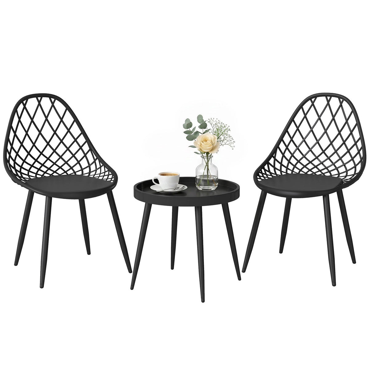 3-Piece Outdoor Bistro Set, 2 Chairs & Round Table, Weatherproof Metal, Black