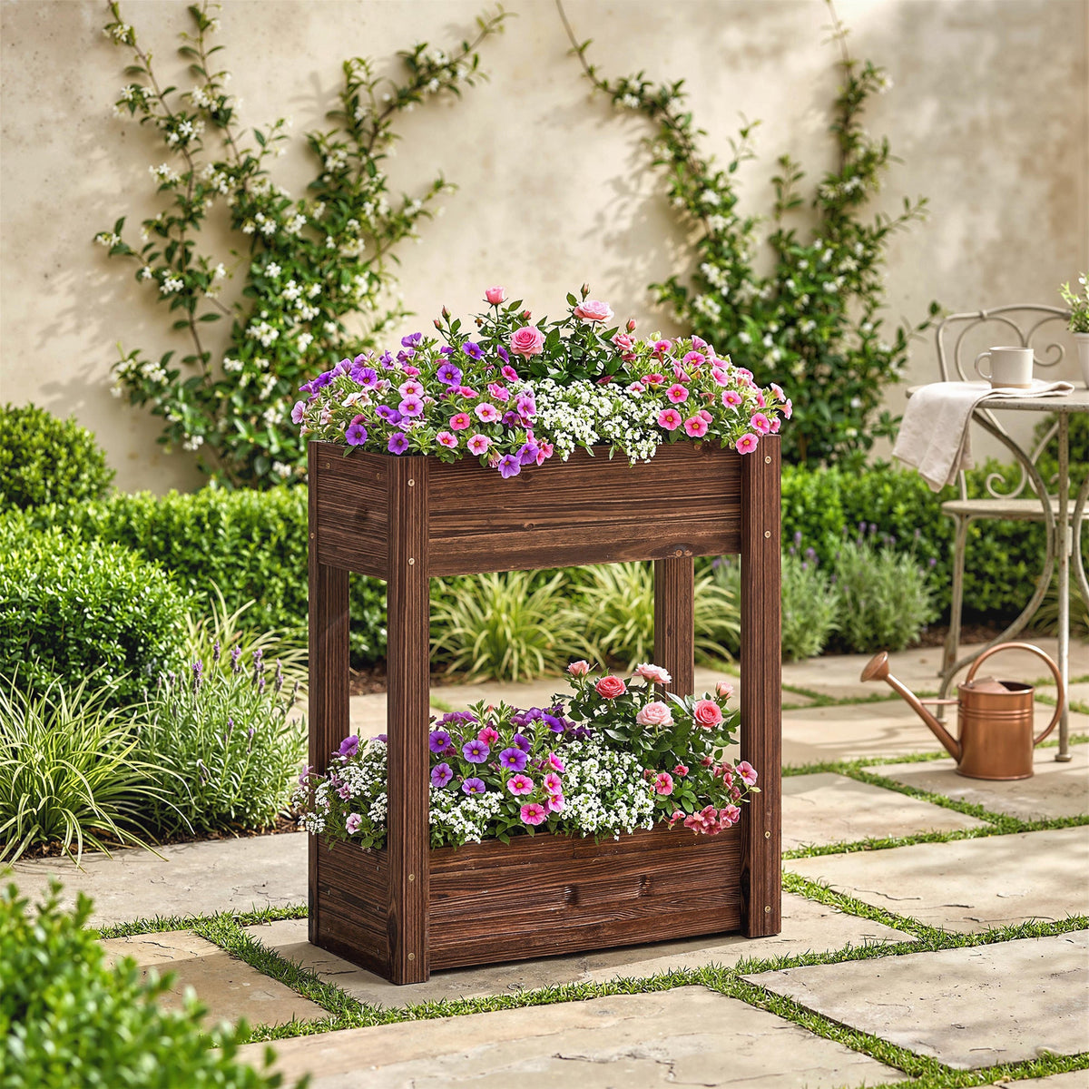 2-Tier Wooden Raised Planter with Liner, 60 x 25 x 70 cm