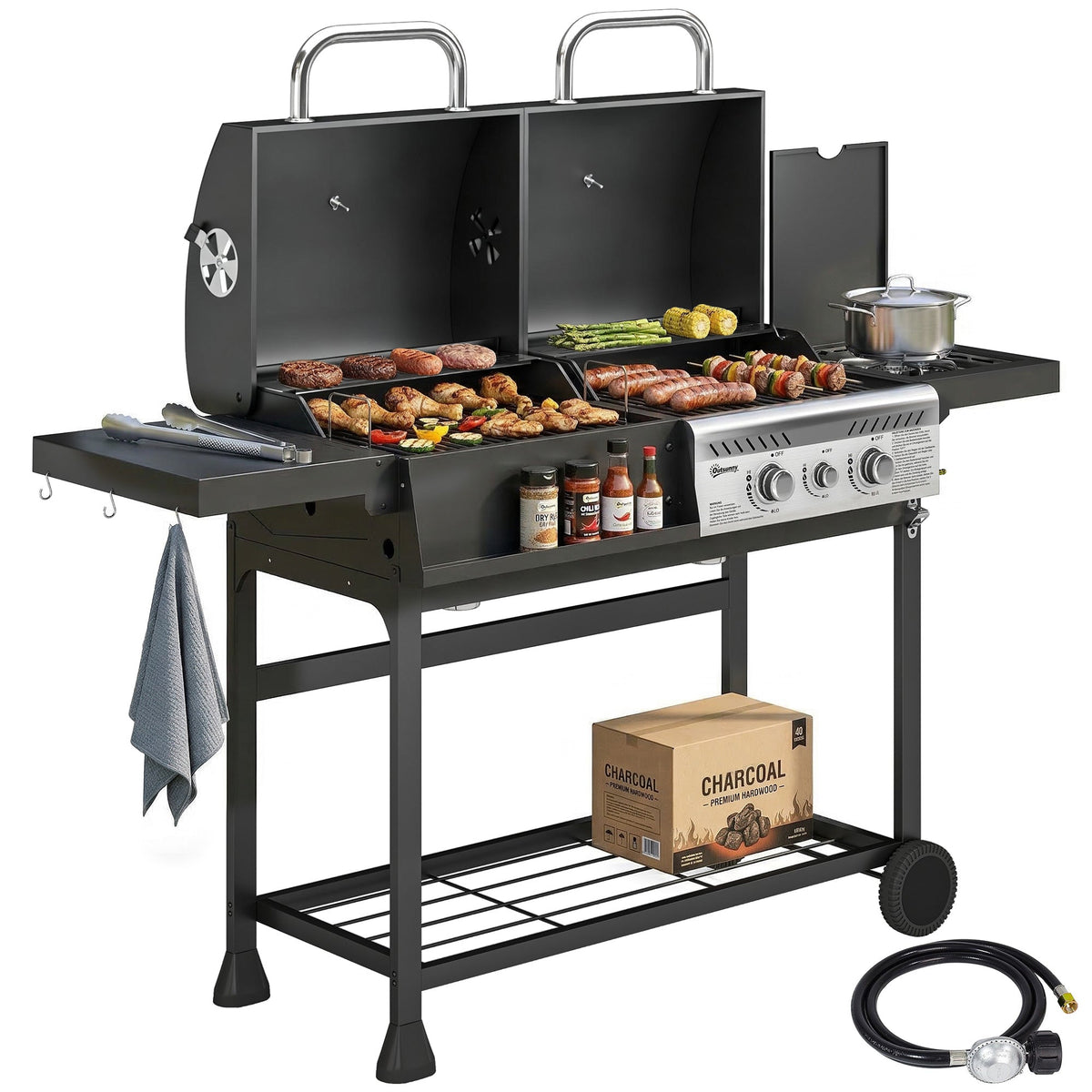 Dual Fuel BBQ Grill with Charcoal and 2+1 Gas Burners, Black