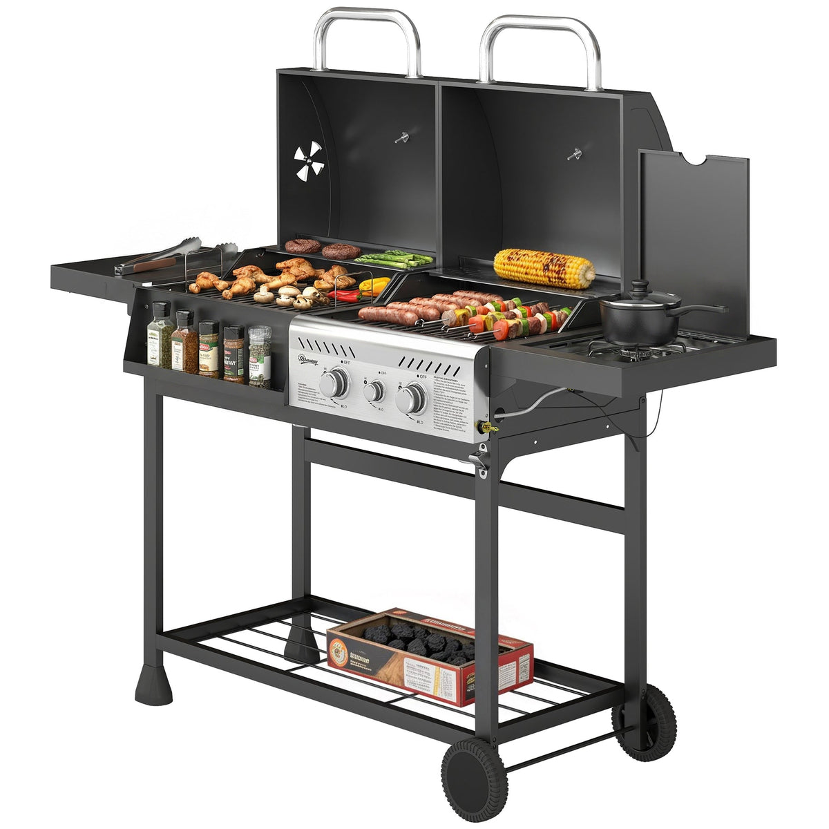 Dual Fuel BBQ Grill with Charcoal and 2+1 Gas Burners, Black
