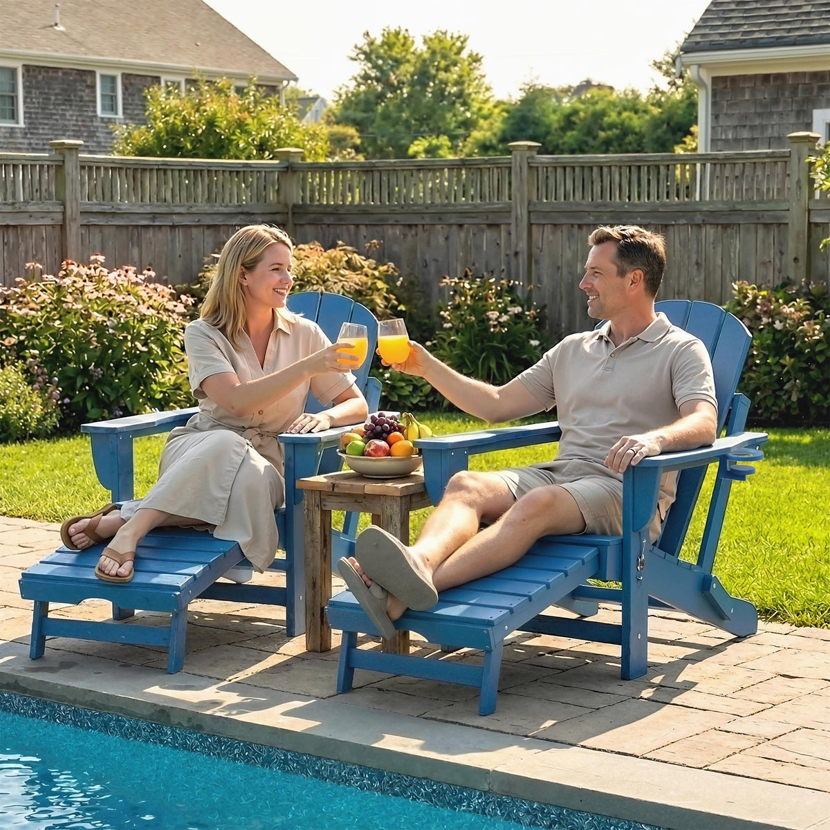 2 Piece Folding Adirondack Chairs with Ottoman and Cup Holder, Blue