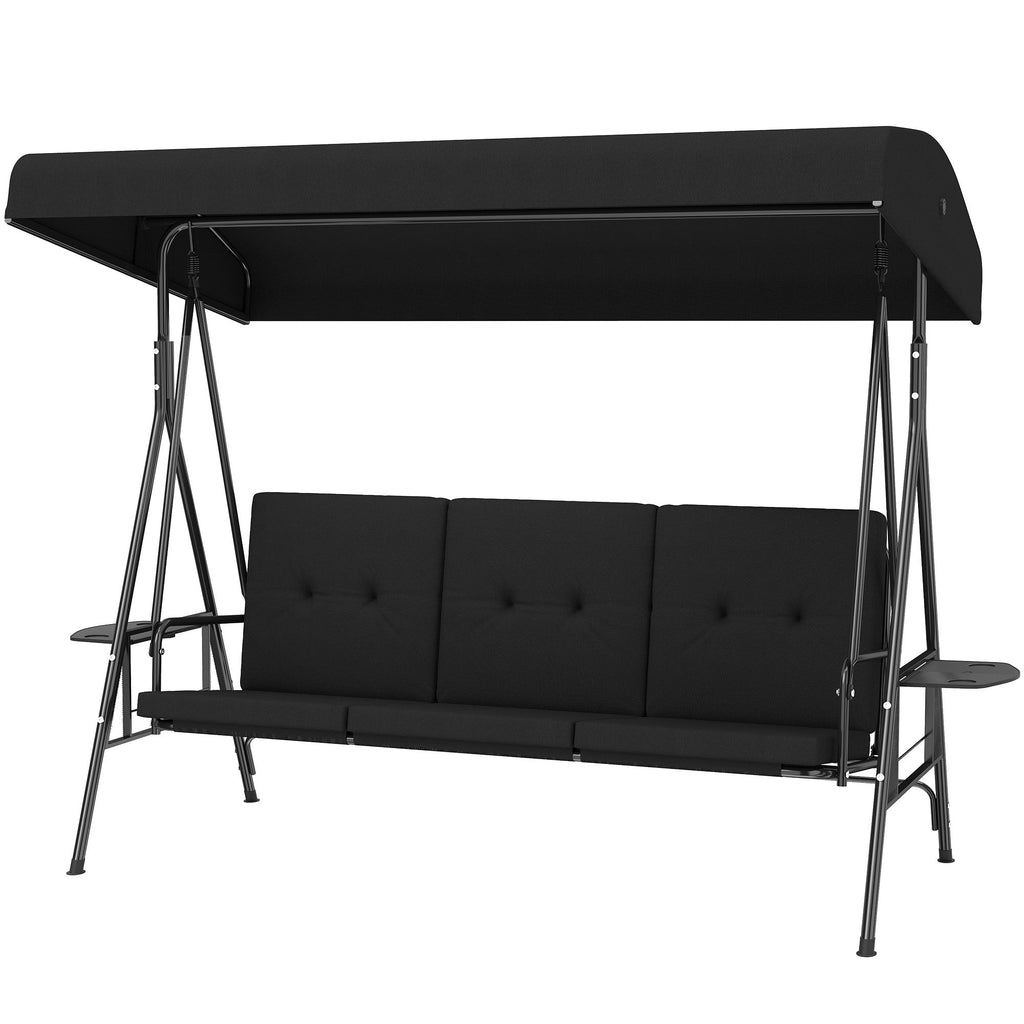3-Seat Patio Swing Chair with Adjustable Canopy and Side Tray, Black