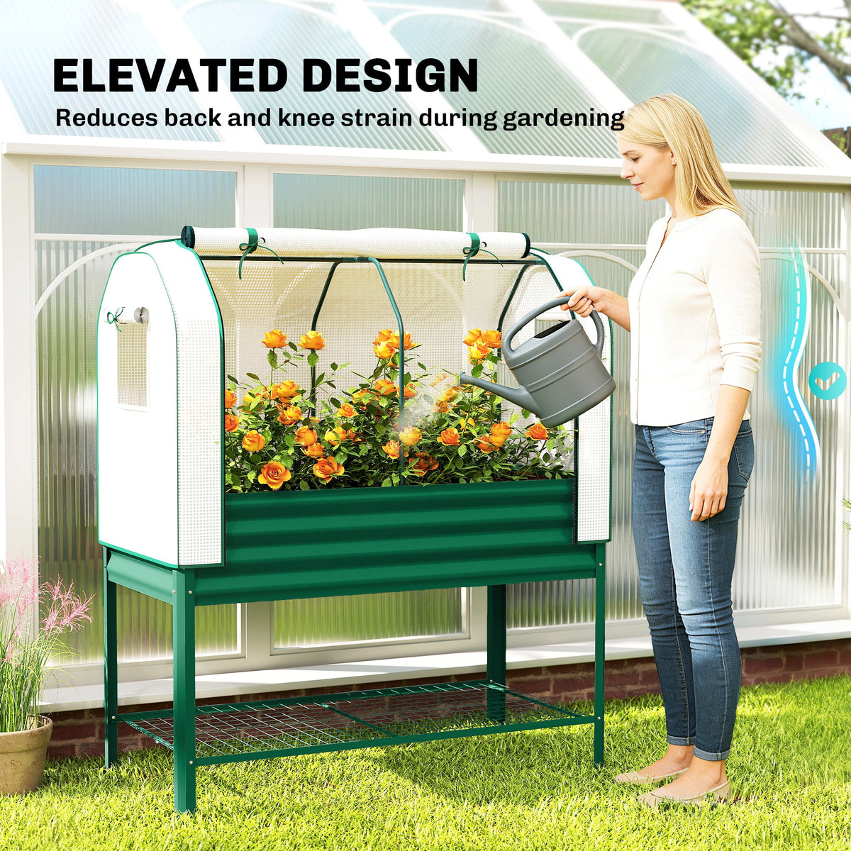 Galvanized Raised Garden Bed with Greenhouse Cover, Green