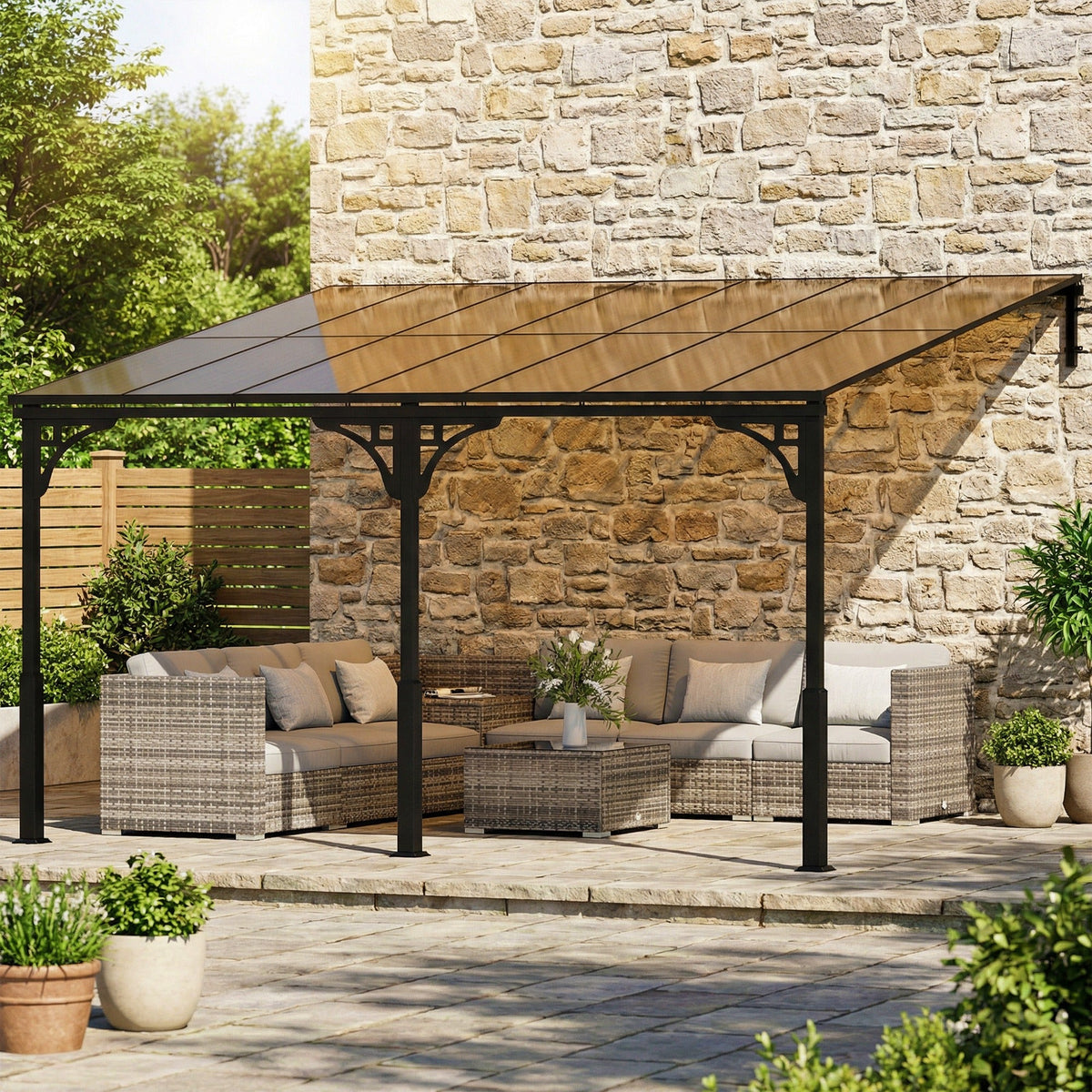 4 x 3 m Metal Lean-to Pergola with Polycarbonate Roof, Brown