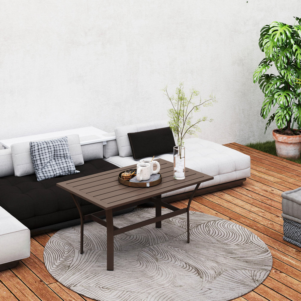 Outdoor Metal Coffee Table with Slatted Top, Brown
