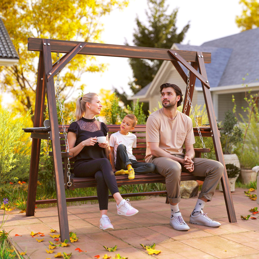 3 Seat Porch Swing with Stand and Side Tables, Carbonized Brown