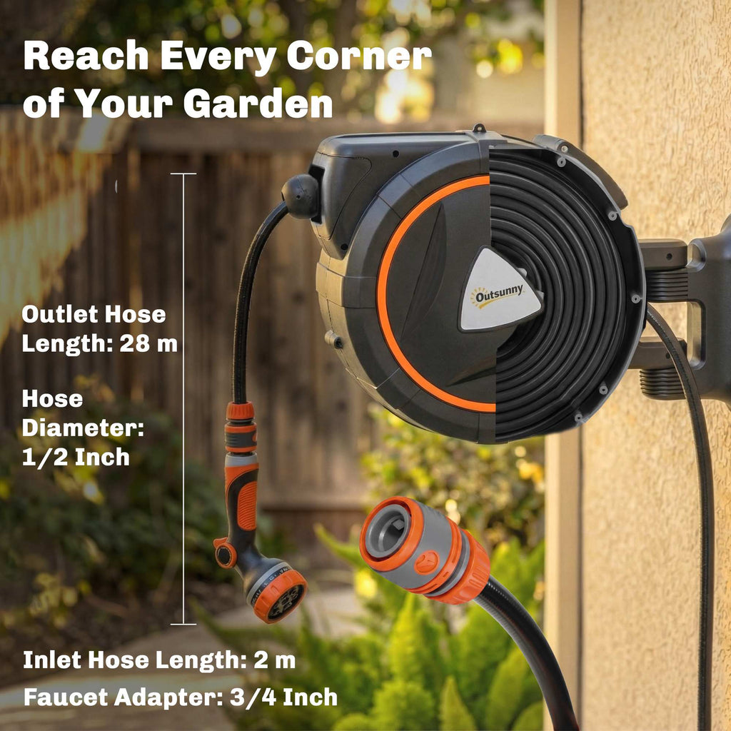 28+2m Retractable Wall-Mount Hose Reel with Auto Retraction & 180° Swivel, Orange