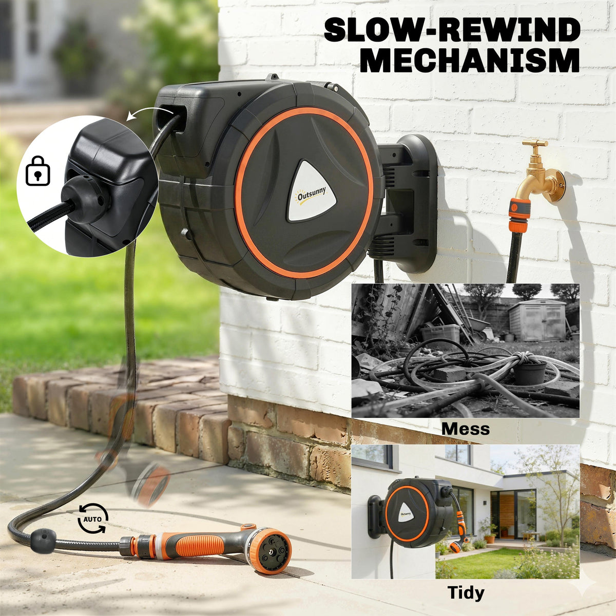 28+2m Retractable Wall-Mount Hose Reel with Auto Retraction & 180° Swivel, Orange