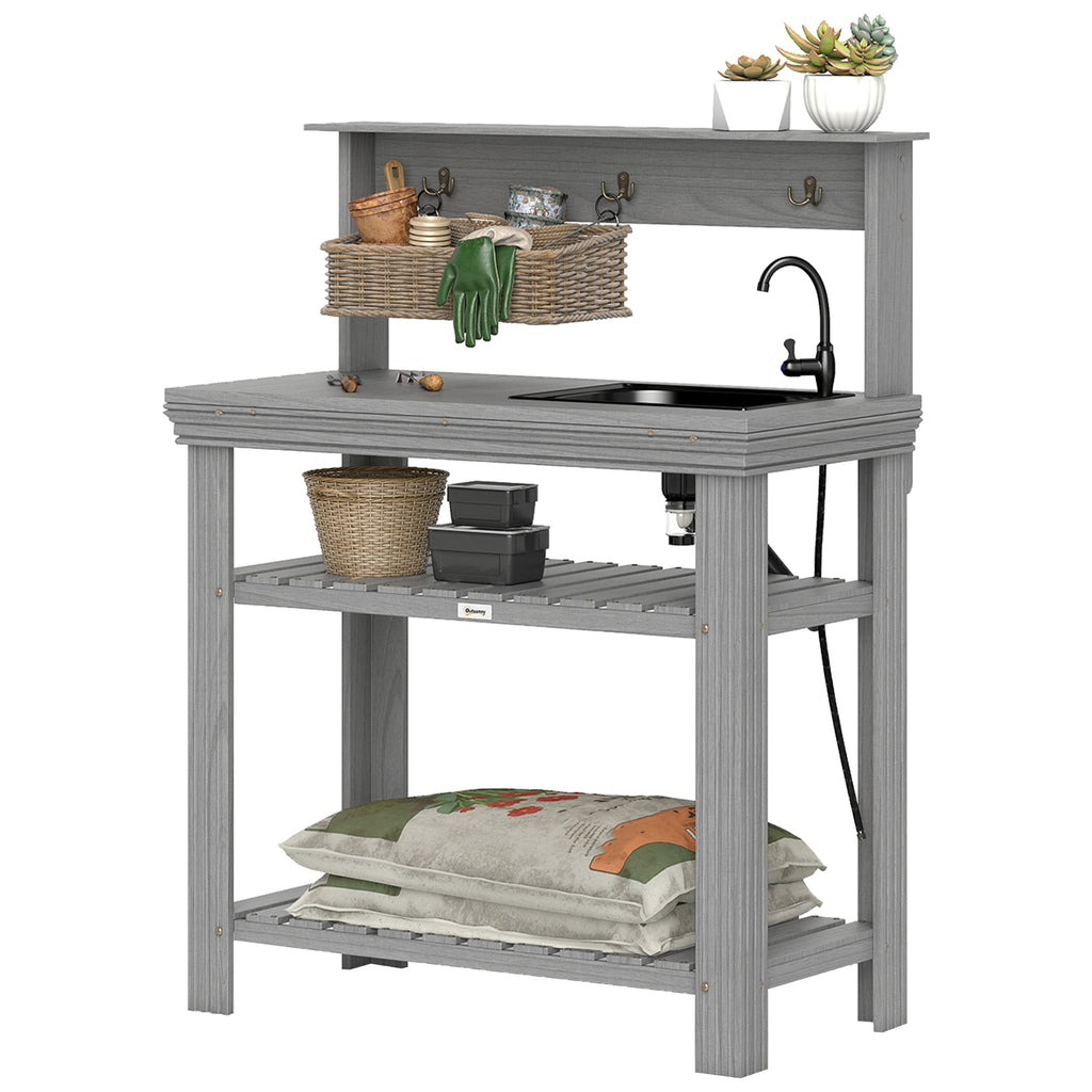 Outdoor Potting Bench Table with Faucet, Sink, Shelves and Hooks, Grey