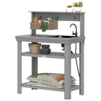 Outdoor Potting Bench Table with Faucet, Sink, Shelves and Hooks, Grey