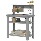 Outdoor Potting Bench Table with Faucet, Sink, Shelves and Hooks, Grey