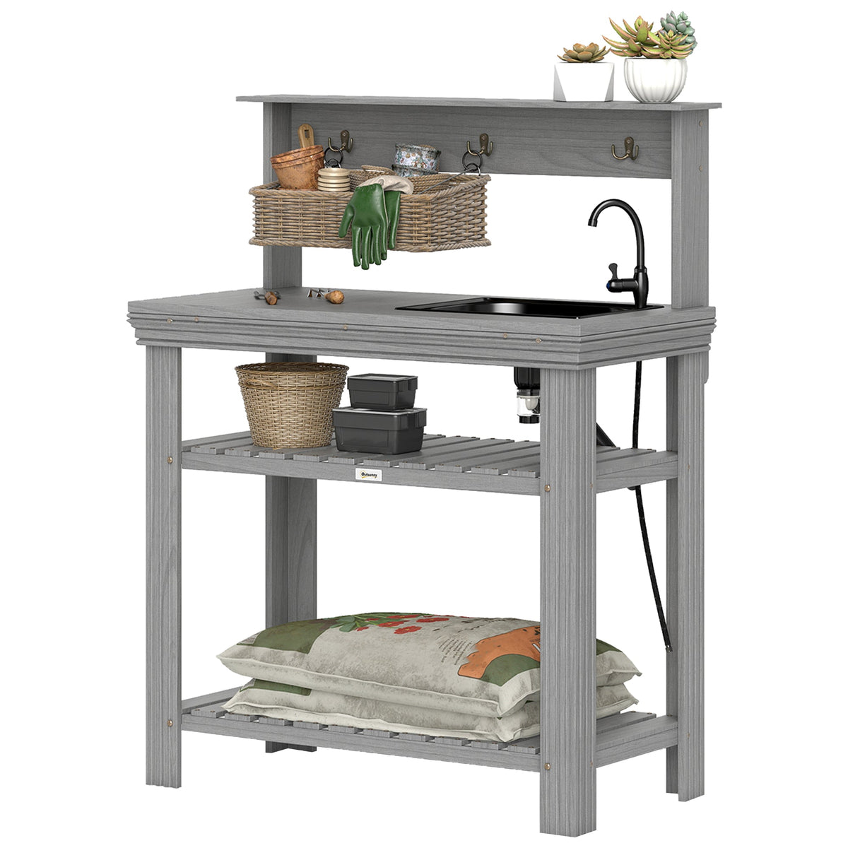 Outdoor Potting Bench Table with Faucet, Sink, Shelves and Hooks, Grey