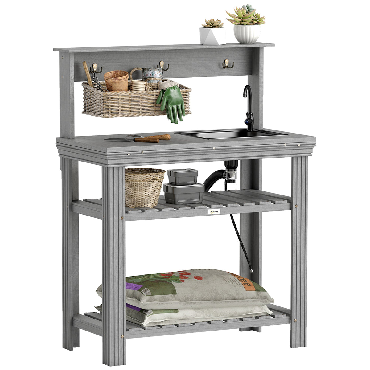 Outdoor Potting Bench Table with Faucet, Sink, Shelves and Hooks, Grey