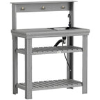 Outdoor Potting Bench Table with Faucet, Sink, Shelves and Hooks, Grey
