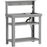 Outdoor Potting Bench Table with Faucet, Sink, Shelves and Hooks, Grey