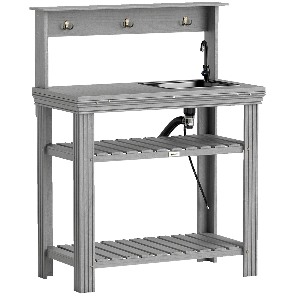 Outdoor Potting Bench Table with Faucet, Sink, Shelves and Hooks, Grey