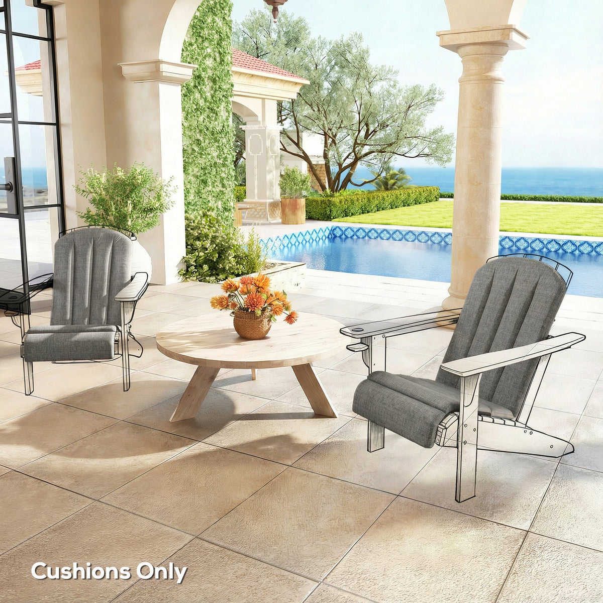 2-Piece Adirondack Chair Cushion Set with Ties, Outdoor Seat Cushions Dark Grey
