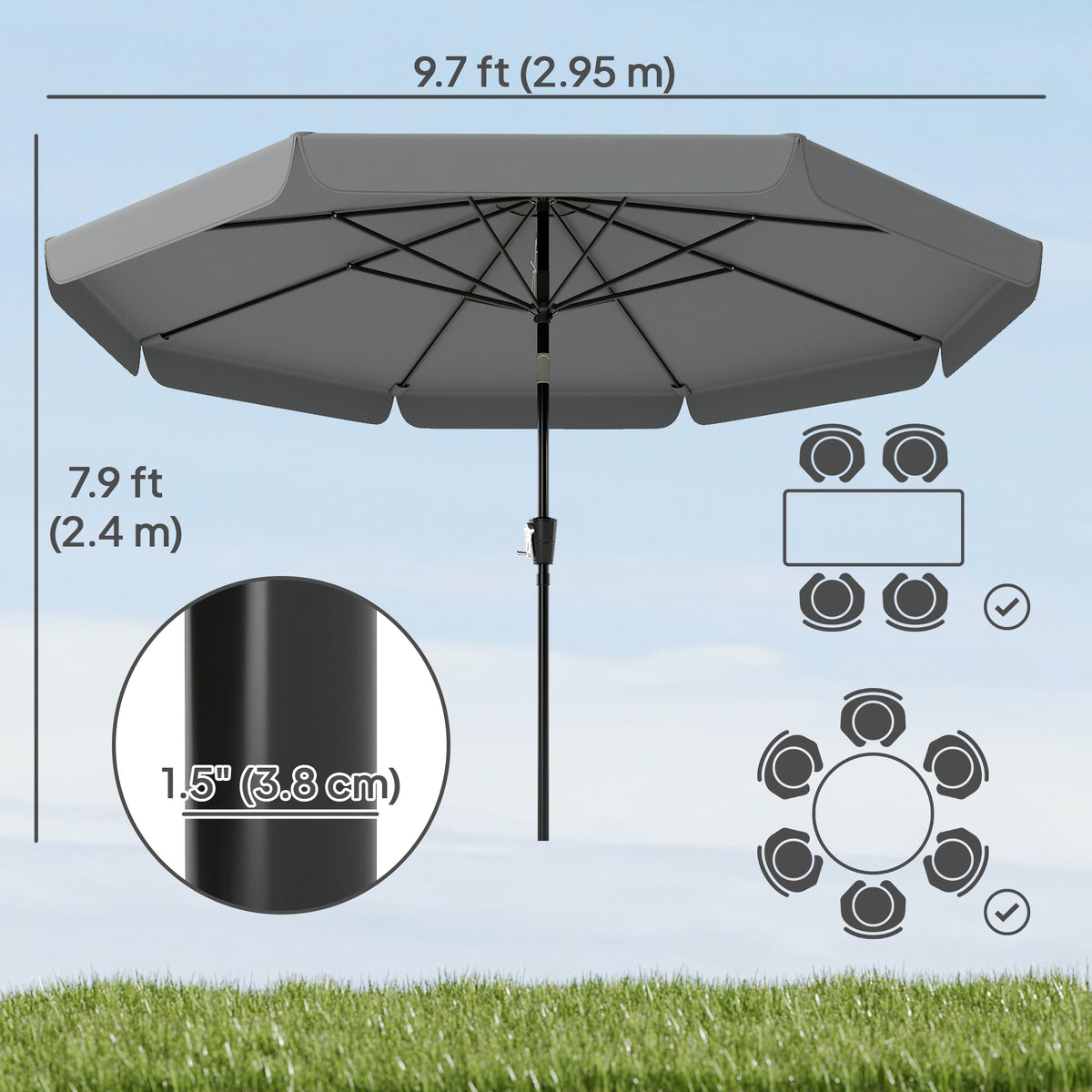 10ft Patio Umbrella with Push Button Tilt and Crank, Dark Grey